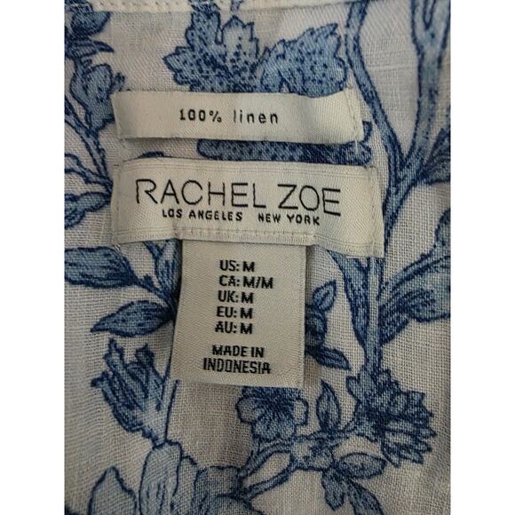 Rachel Zoe Button Front Top M Womens 100% Linen White Blue Floral Long Sleeve - Picture 7 of 7